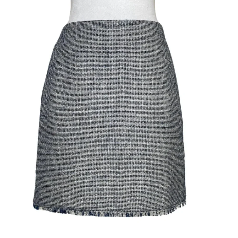 BANANA REPUBLIC Dark Academia Tweed Mini Skirt Navy Blue Fringe Boucle Coquette